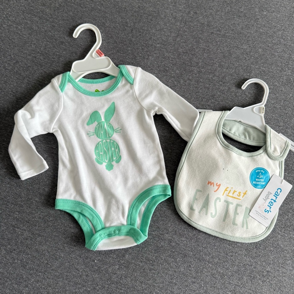 NWT First Easter 2 piece set size 0-3 months onsies & bib